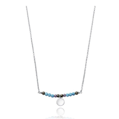 Elegant silver necklace with colorful beads and a circular pendant on a white background.