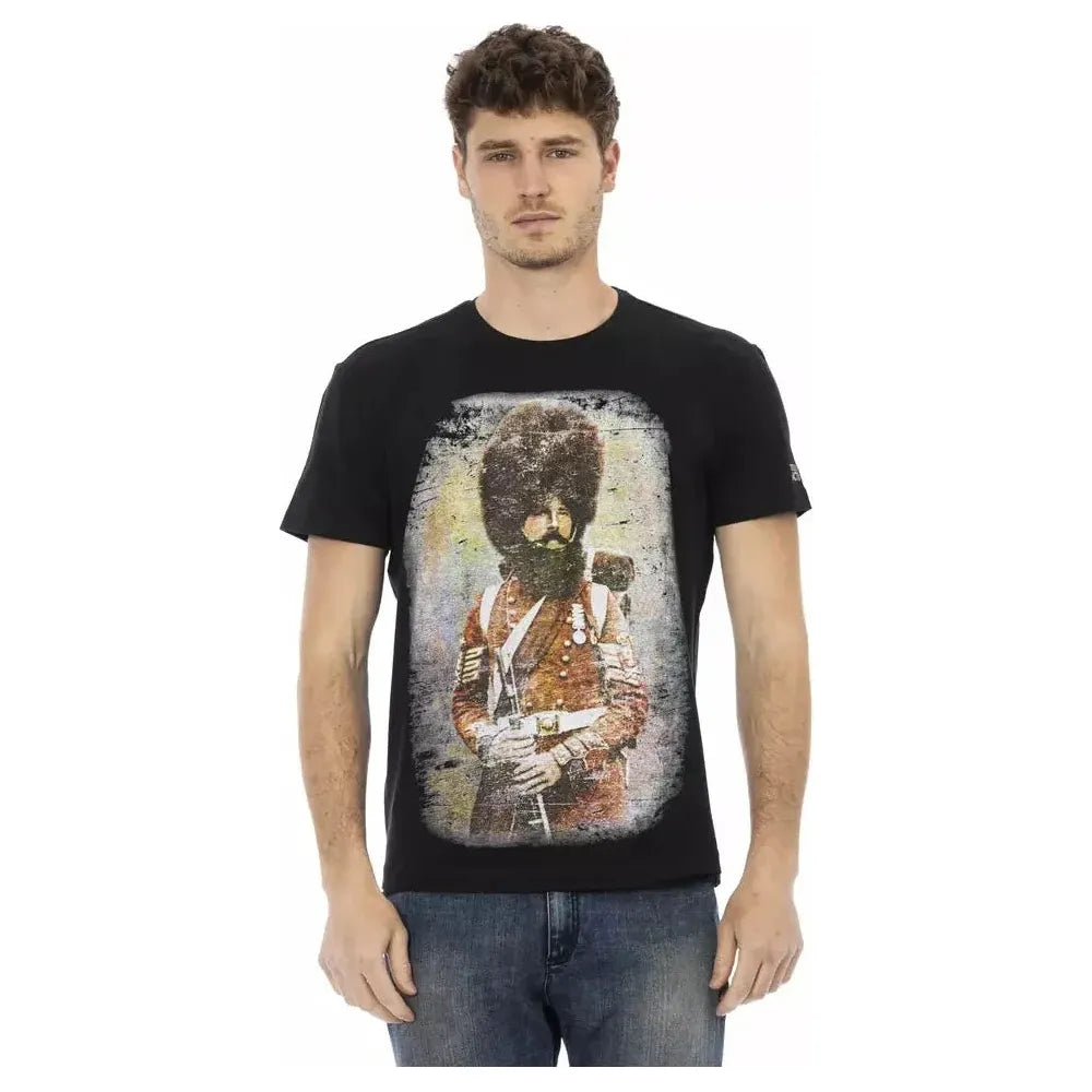 优雅休闲黑色 T 恤，正面印有独特图案