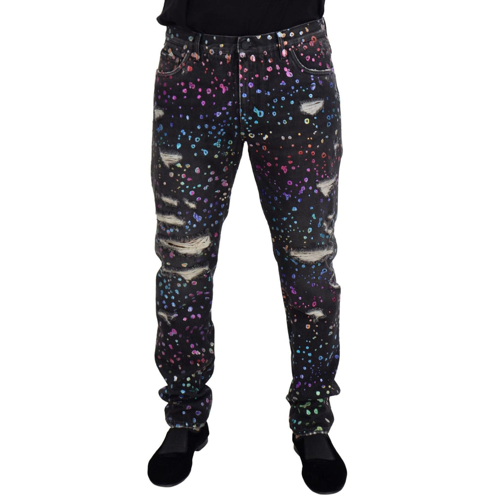 Dolce & Gabbana Black Multicolor Print Tattered Denim Jeans