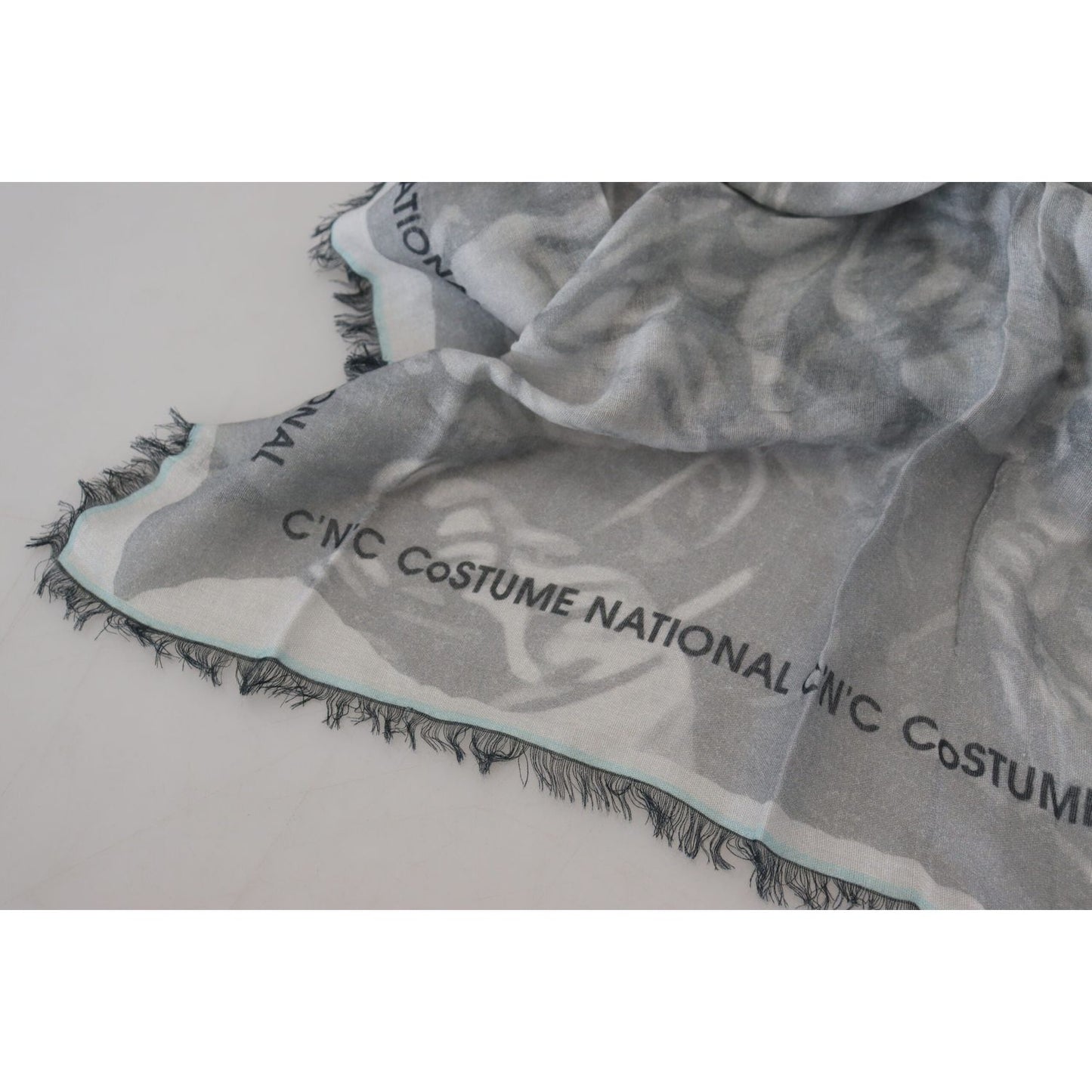 Costume National Gray Print Shawl Foulard Fringes Scarf