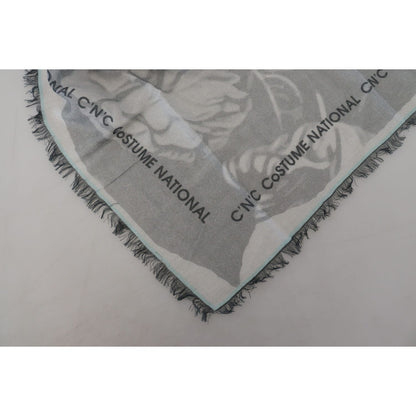 Costume National Gray Print Shawl Foulard Fringes Scarf