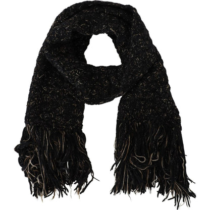 Dolce & Gabbana Black Wool Knitted Wrap Foulard Fringe Scarf