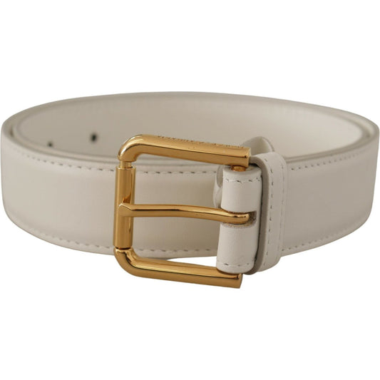 Dolce & Gabbana Chic White Leather Belt with Gold Engraved Buckle Dolce & Gabbana