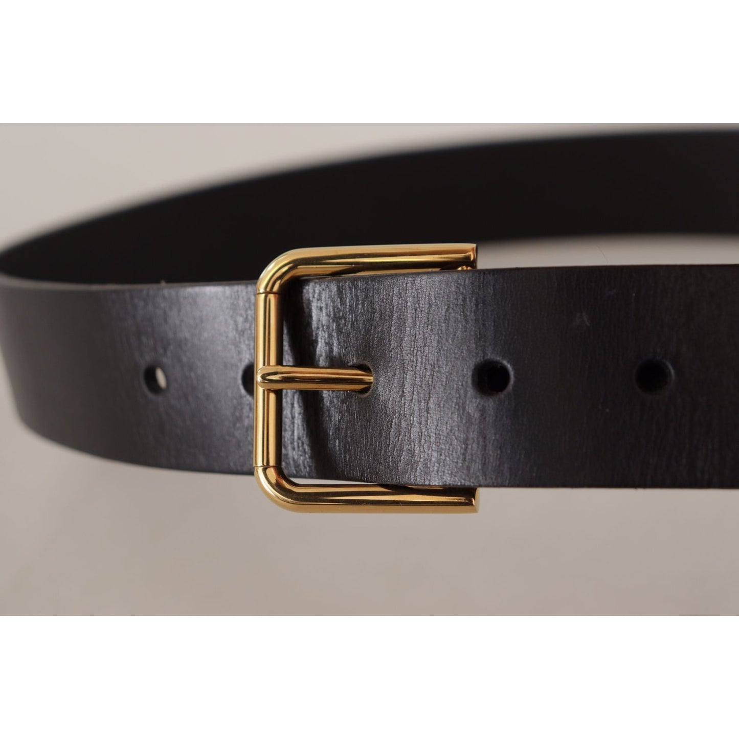 Dolce & Gabbana Black Calf Leather Gold Tone Logo Metal Buckle Belt