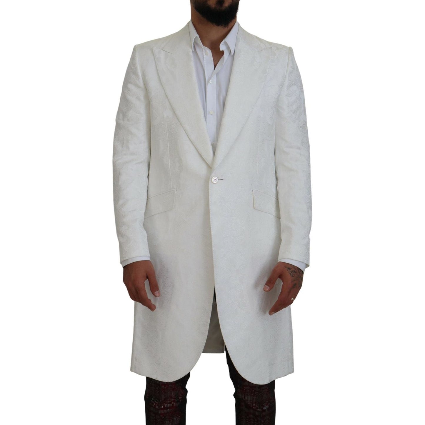 Dolce & Gabbana White Floral Brocade Trench Coat Jacket