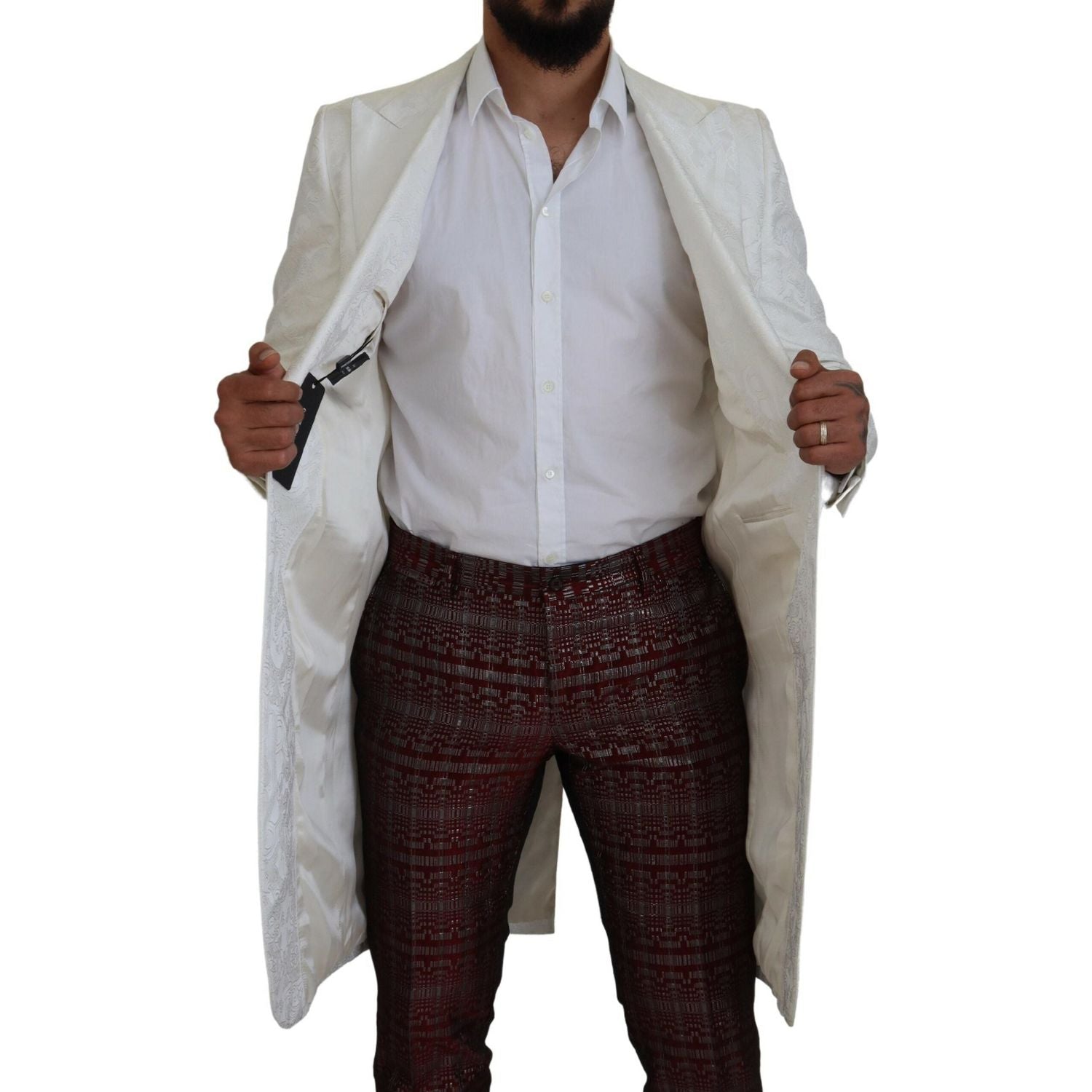 优雅白色花卉锦缎风衣