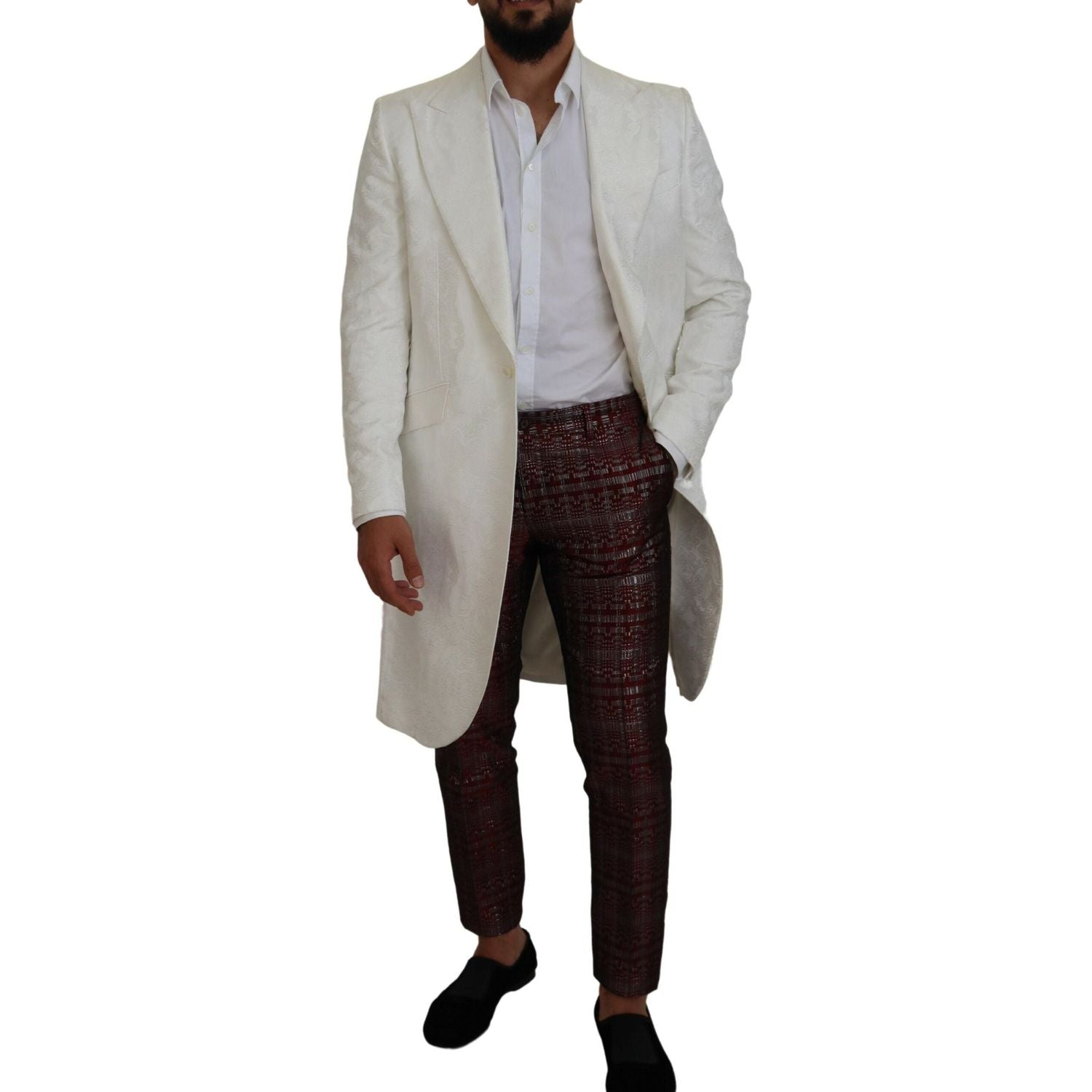 优雅白色花卉锦缎风衣