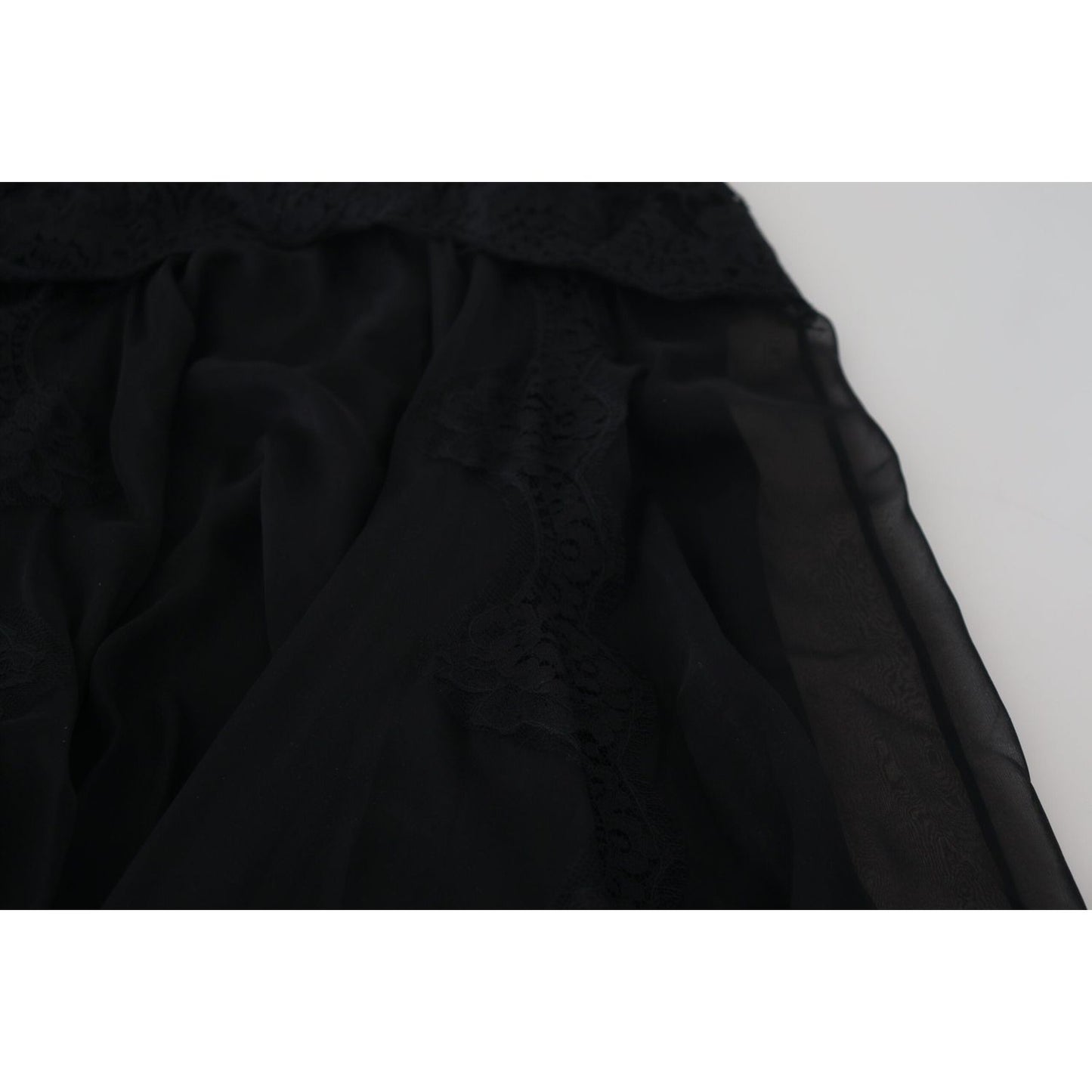 Dolce & Gabbana Black Silk Lace Trim High Waist Midi Skirt