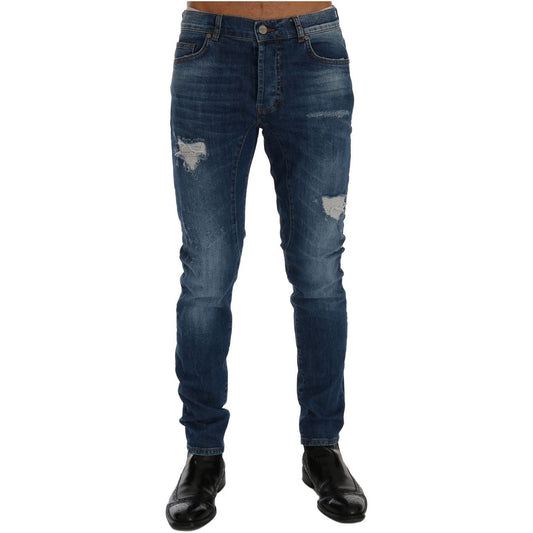 Frankie Morello | Chic Slim Fit Blue Distressed Jeans| McRichard Designer Brands   