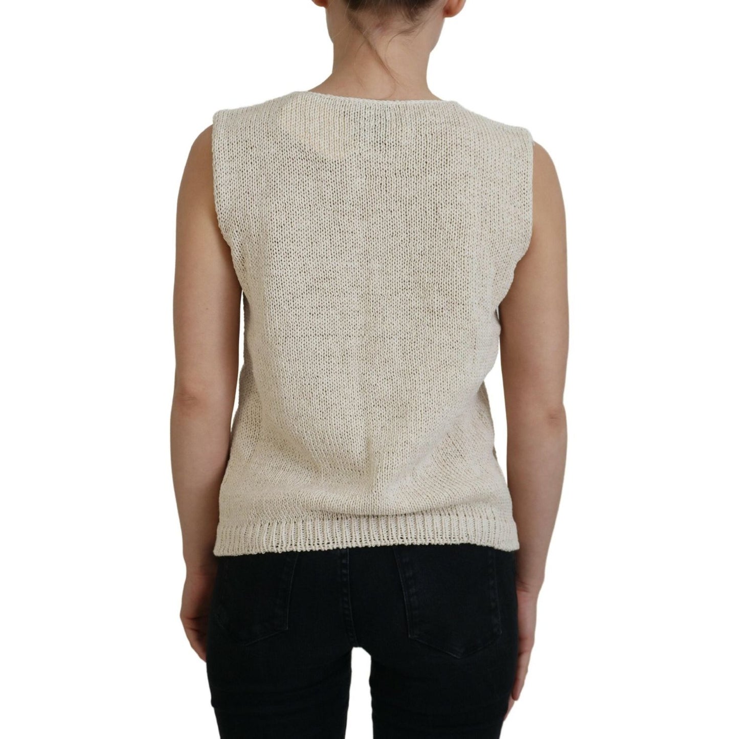 PINK MEMORIES Beige Cotton Blend Sleeveless Round Neck Tank Top