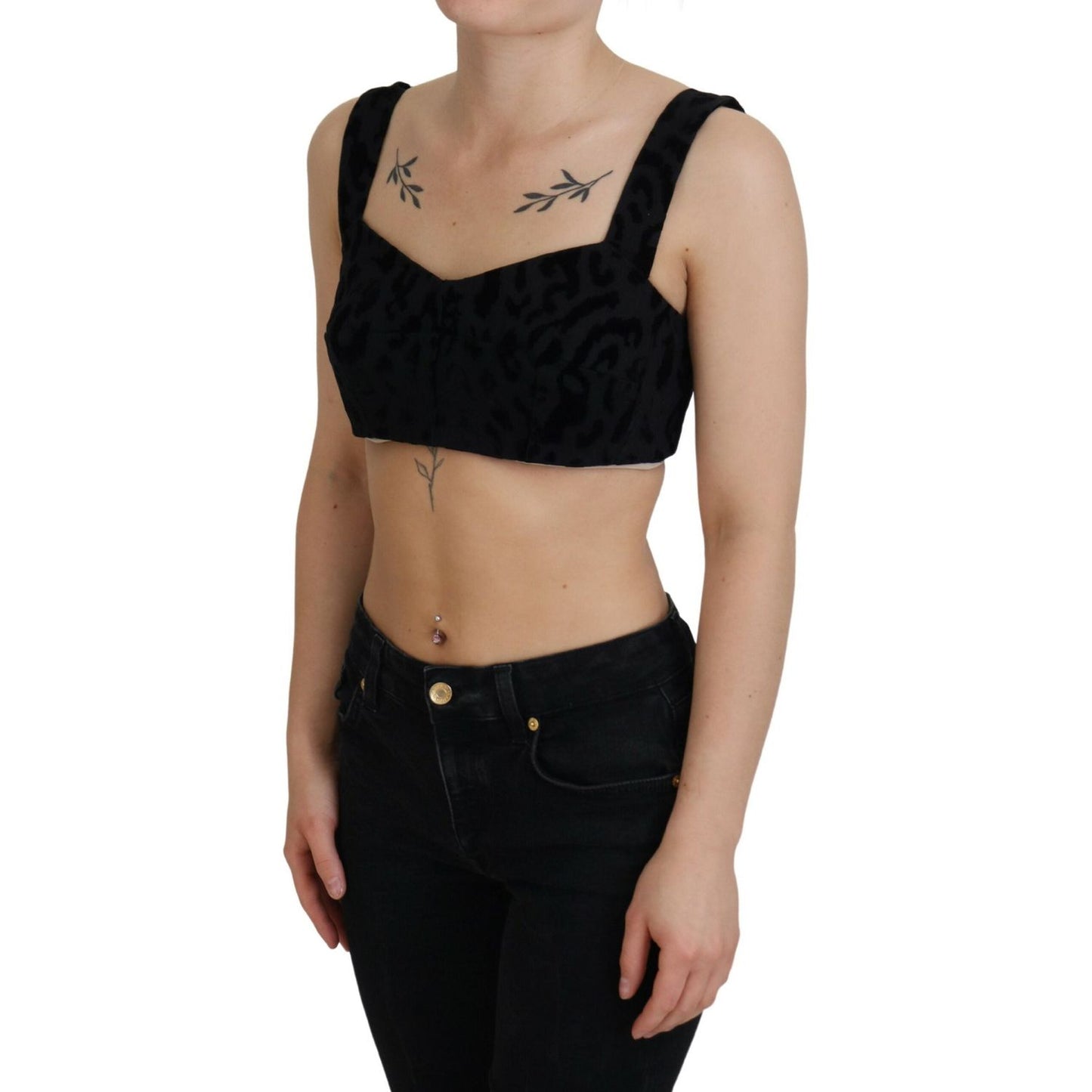 Dolce & Gabbana Black Leopard Cropped Bustier Corset Bra Top