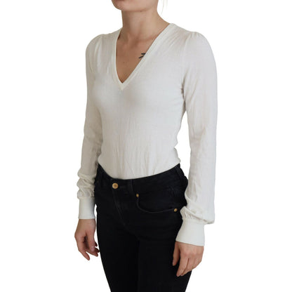 Patrizia Pepe Ivory V-Neck Long Sleeves Women Blouse Top