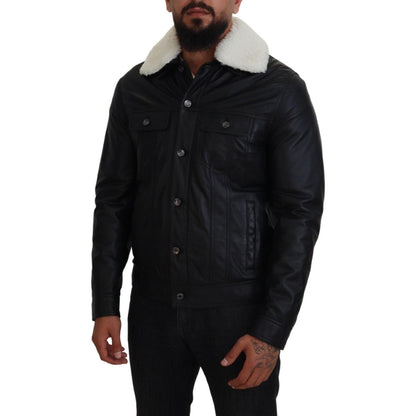 Dolce & Gabbana Black Lamb Leather Collared Men Coat Jacket