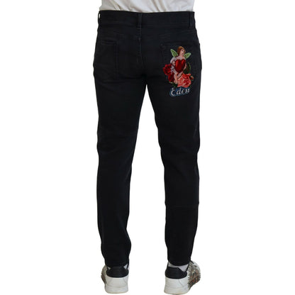 Dolce & Gabbana Black Angel Embroidery Skinny Denim Jeans