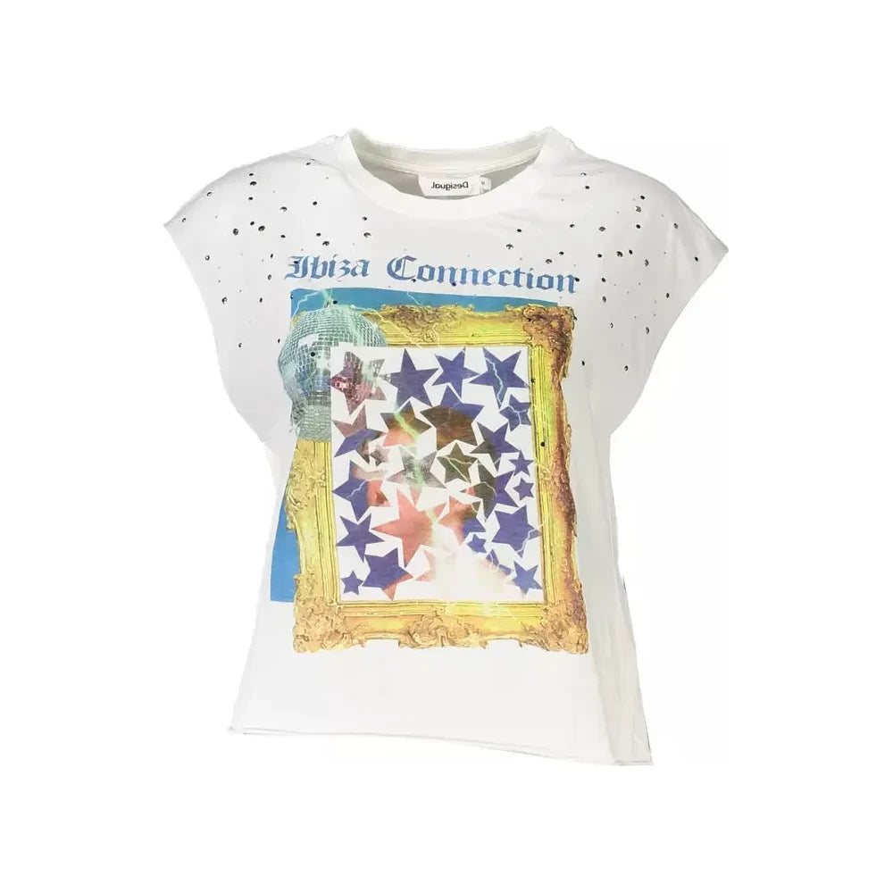 Desigual Chic Sleeveless White Tee with Print & Contrast Details Desigual