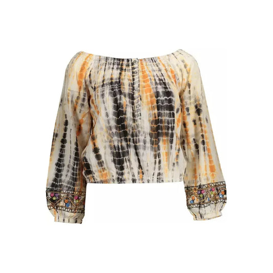 Desigual Chic Beige Long-Sleeved Logo Top with Contrasts Desigual