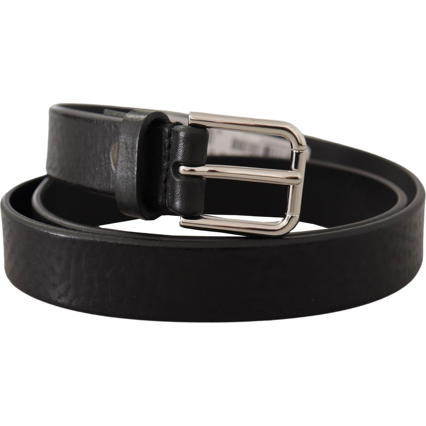 Dolce & Gabbana Black Calf Leather Silver Tone Logo Metal Buckle Belt