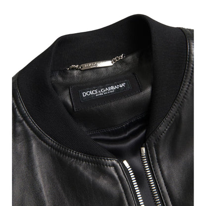 Dolce & Gabbana Black Leather Full Zip Bomber Men Jacket