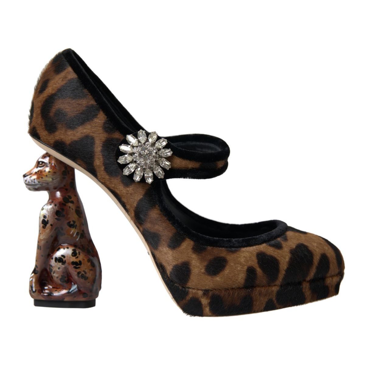 Dolce & Gabbana Black Brown Calf Leopard Heel Mary Jane Pump Shoes