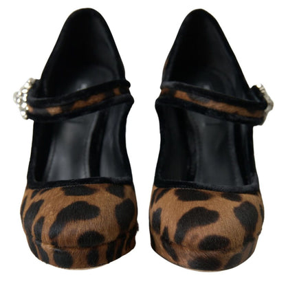 Dolce & Gabbana Black Brown Calf Leopard Heel Mary Jane Pump Shoes