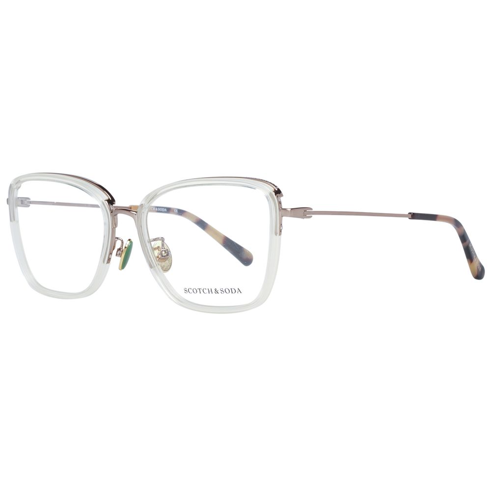 Scotch & Soda Transparent Women Glasses Frame with trapezium shape, metal & plastic material, full-rim style with demo lenses.