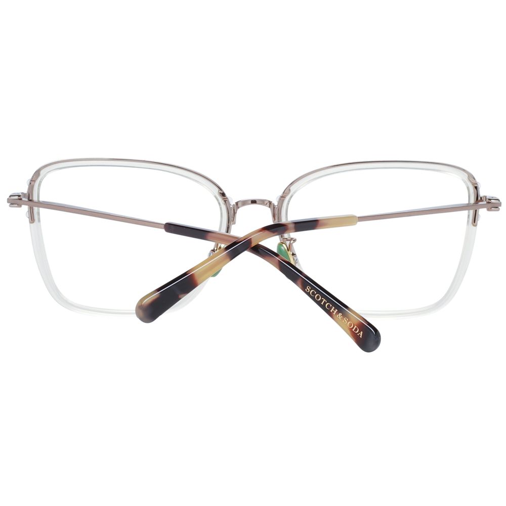 Scotch & Soda Transparent Women Glasses Frame, trapezium style, full-rim, metal & plastic material, demo lenses, size 55-18-135.