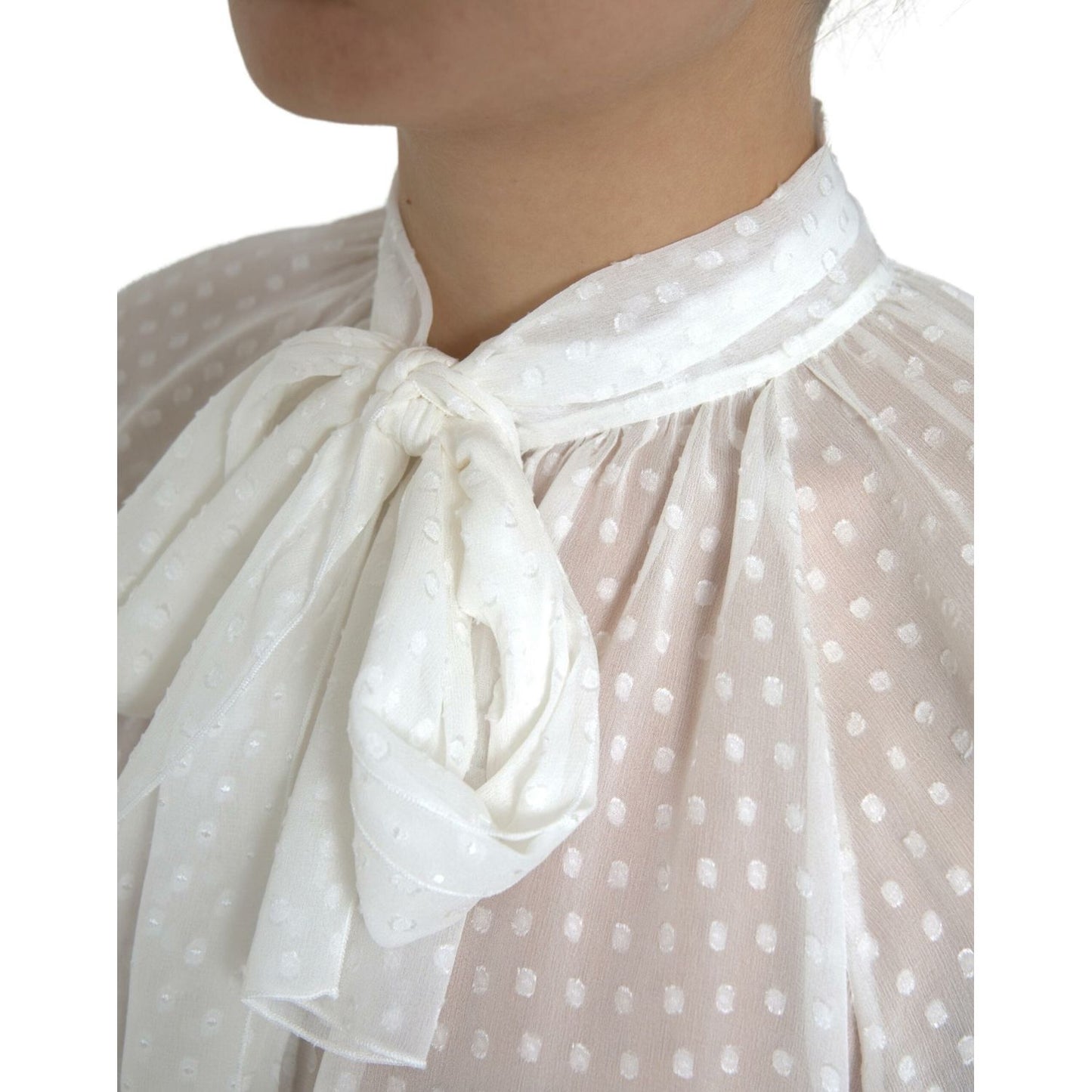 Dolce & Gabbana White Silk Sheer Tied Neck Polka Dots Blouse