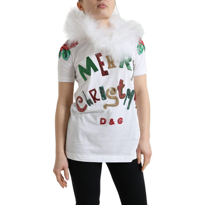 Dolce & Gabbana White Cotton Christmas Sequin Fur T-shirt