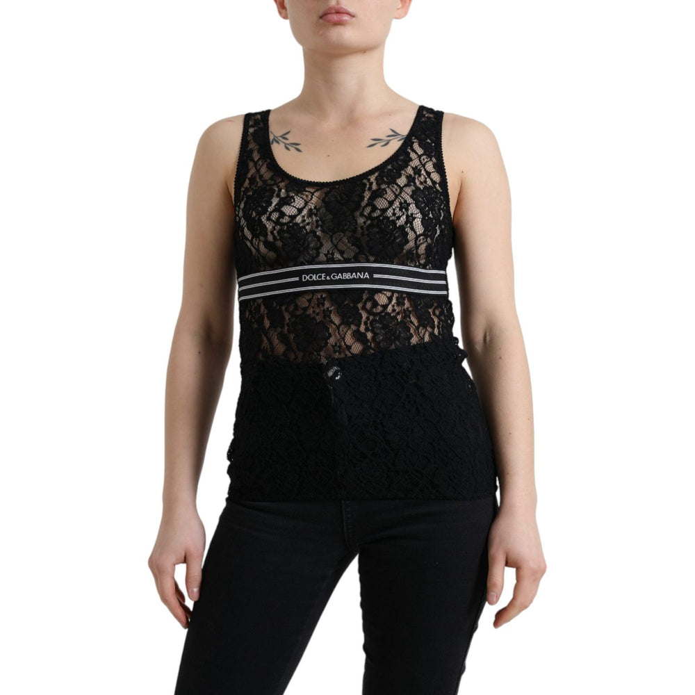 Dolce & Gabbana Black Logo Stripe Lace Sleeveless Tank Top