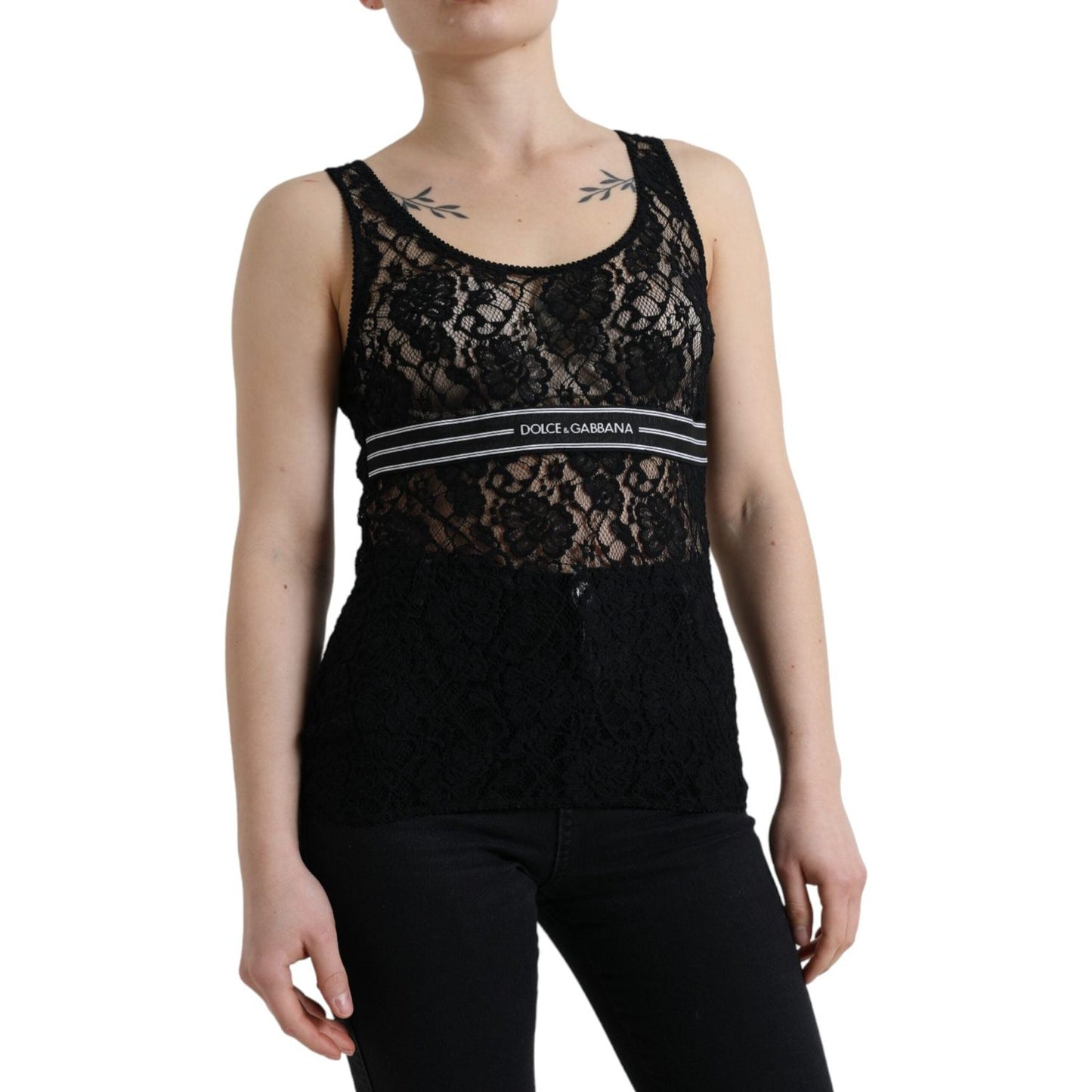 Dolce & Gabbana Black Logo Stripe Lace Sleeveless Tank Top