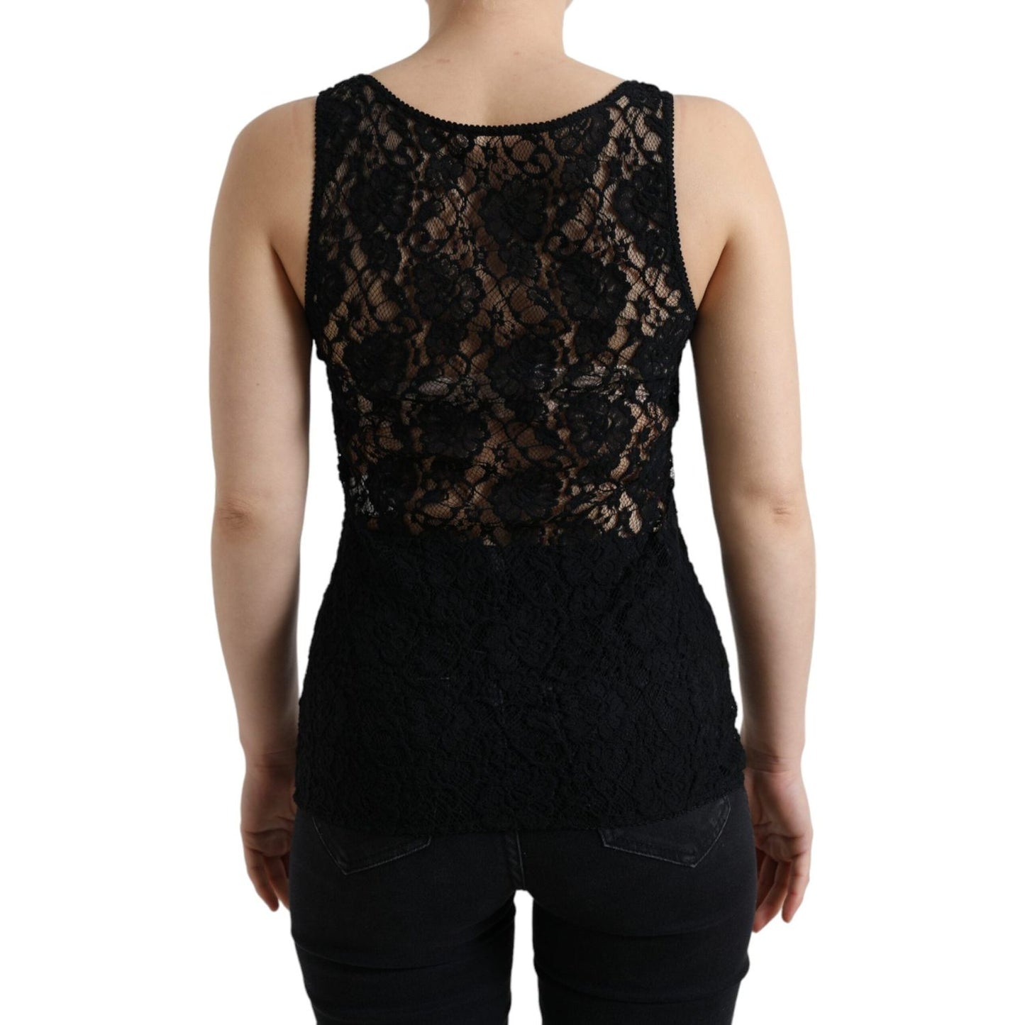 Dolce & Gabbana Black Logo Stripe Lace Sleeveless Tank Top