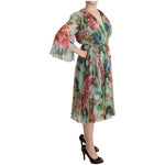 Dolce & Gabbana Multicolor Green Floral Silk Wrap Midi Dress