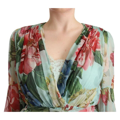 Dolce & Gabbana Multicolor Green Floral Silk Wrap Midi Dress