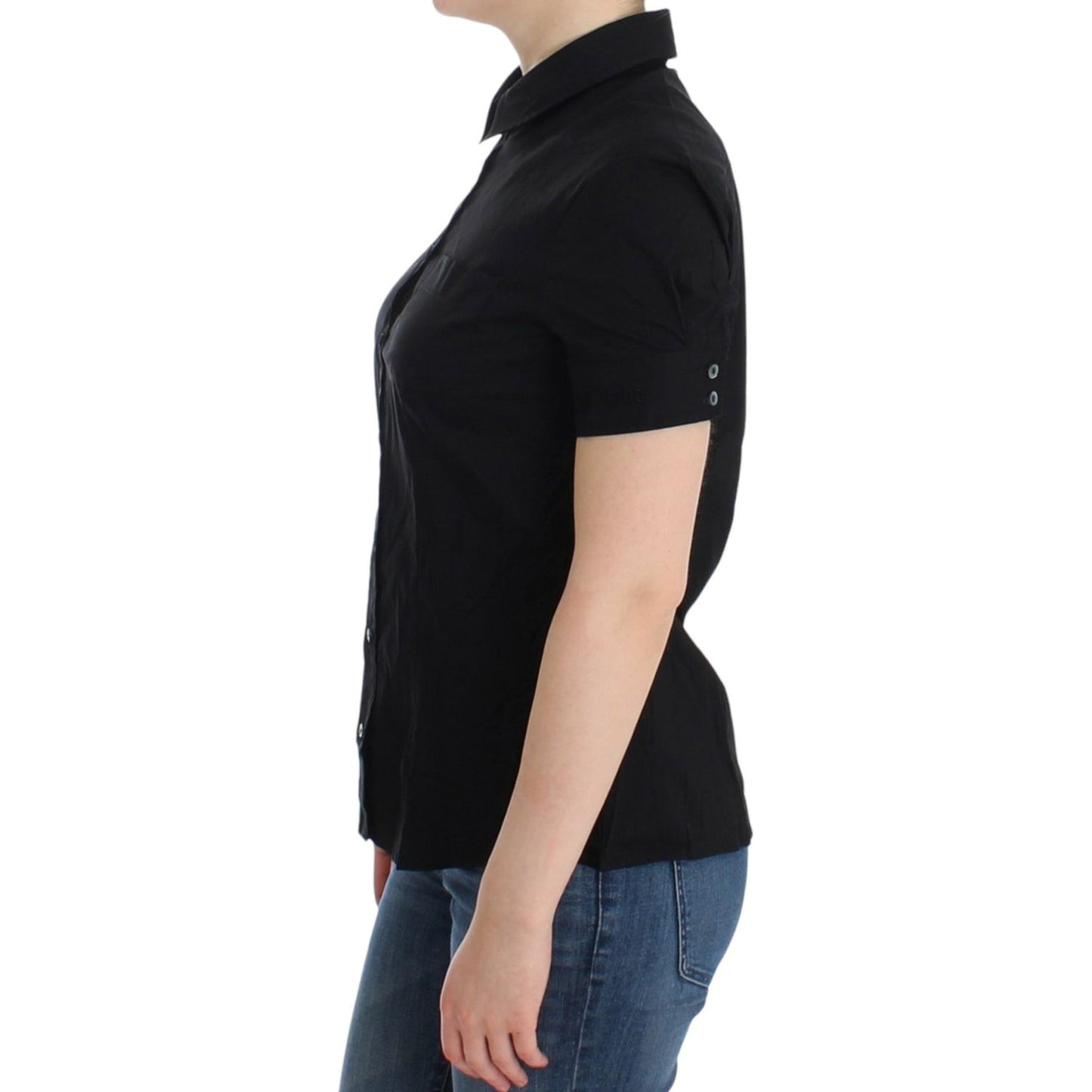 John Galliano Elegant Black Cotton Stretch Shortsleeve Blouse John Galliano