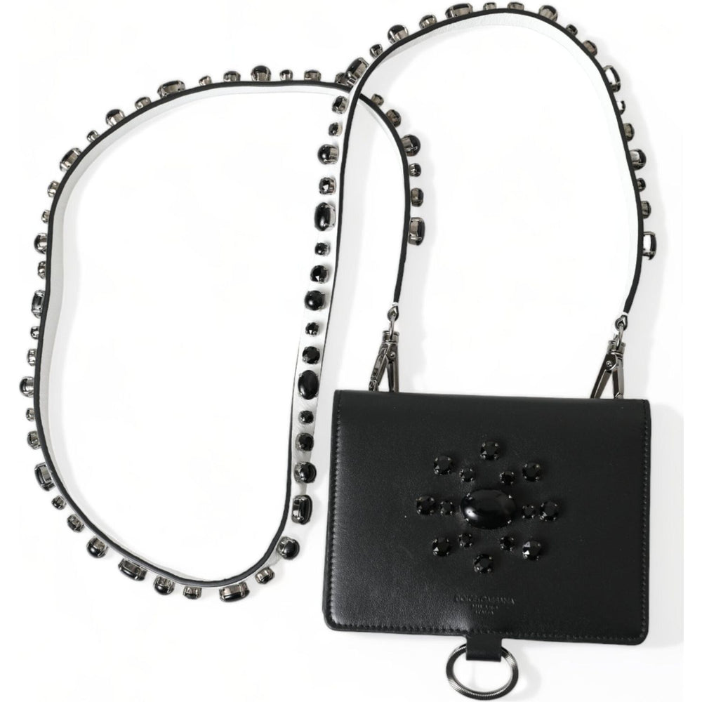 Dolce & Gabbana Black Leather Crystal Embellished Card Holder Wallet
