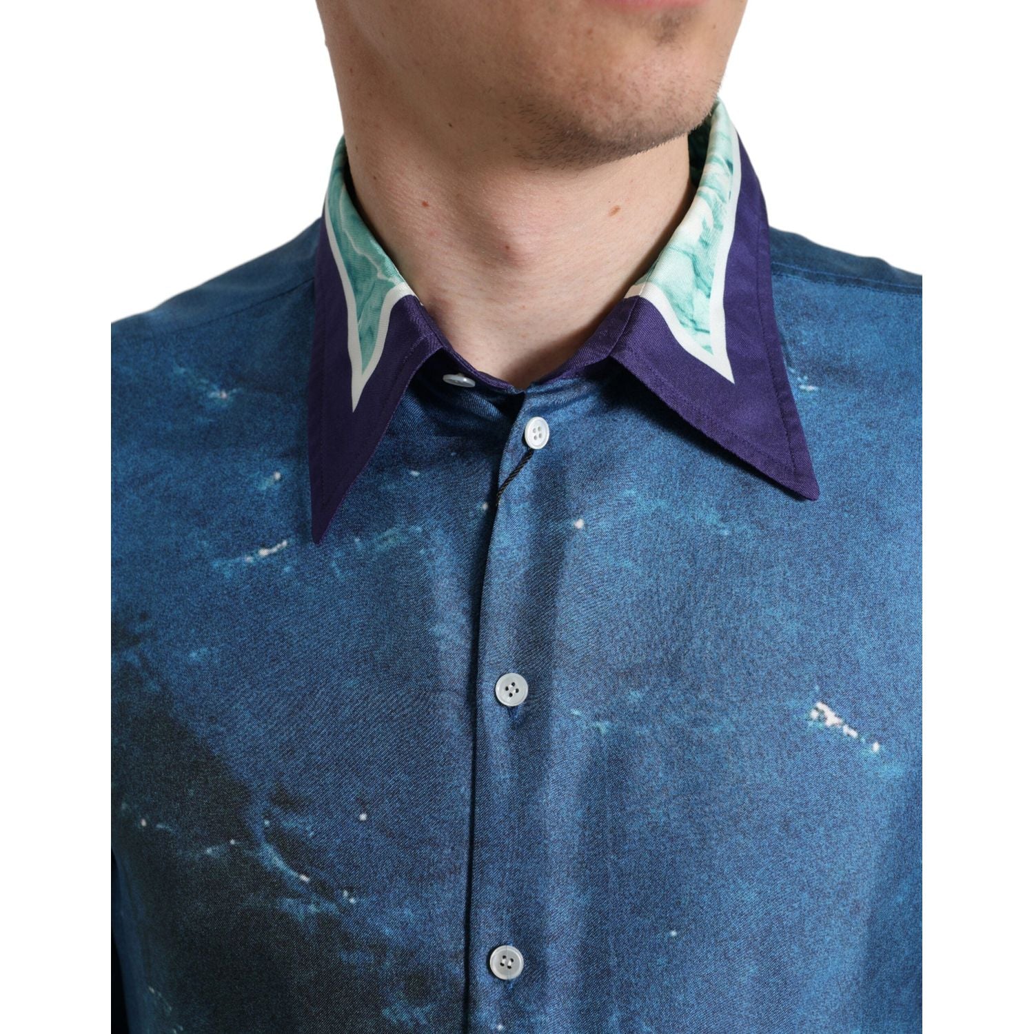 Dolce & Gabbana Blue Ocean Print Silk Collared Button Down Shirt