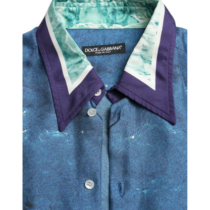 Dolce & Gabbana Blue Ocean Print Silk Collared Button Down Shirt