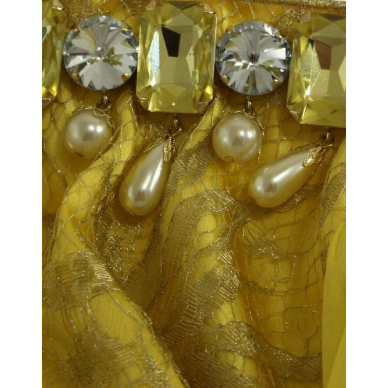 黄色蕾丝水晶缀饰迷你连衣裙