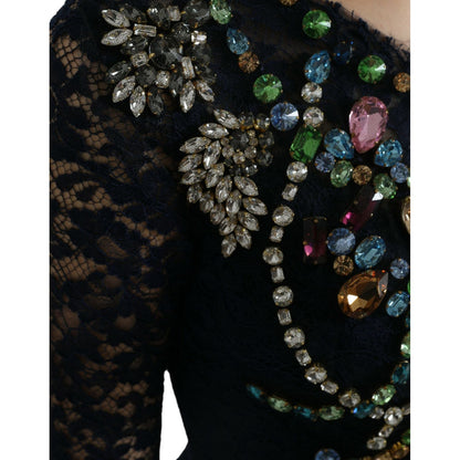 Dolce & Gabbana Blue Crystal Floral Lace Long Gown Dress