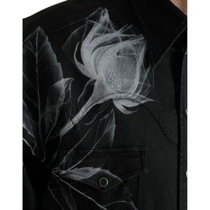 Dolce & Gabbana Black Floral Cotton Collared Dress Shirt