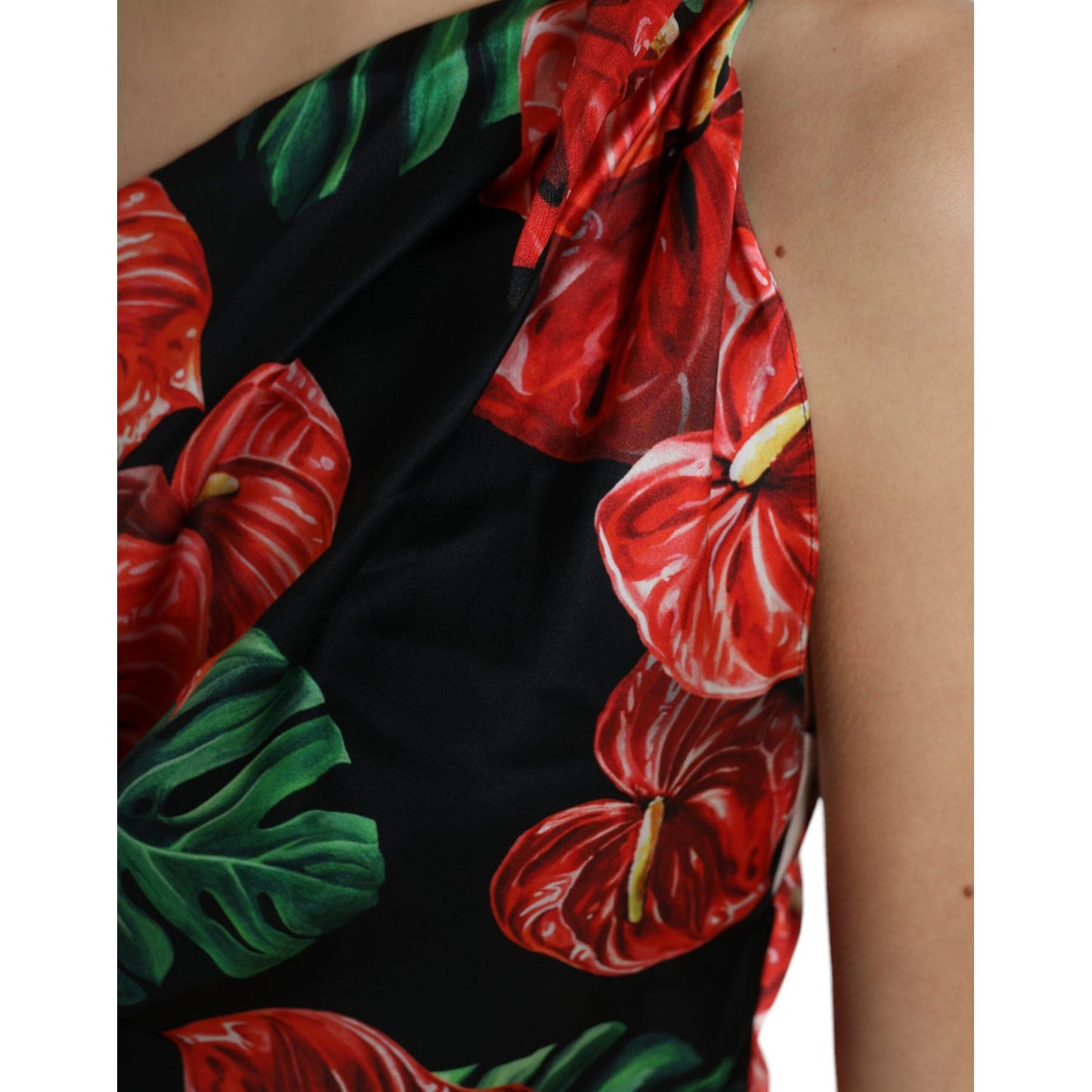 Dolce & Gabbana Black Shiny Silk Floral Print Draped Dress