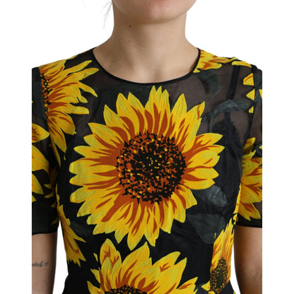 Dolce & Gabbana Black Sunflower Print Nylon A-line Midi Dress