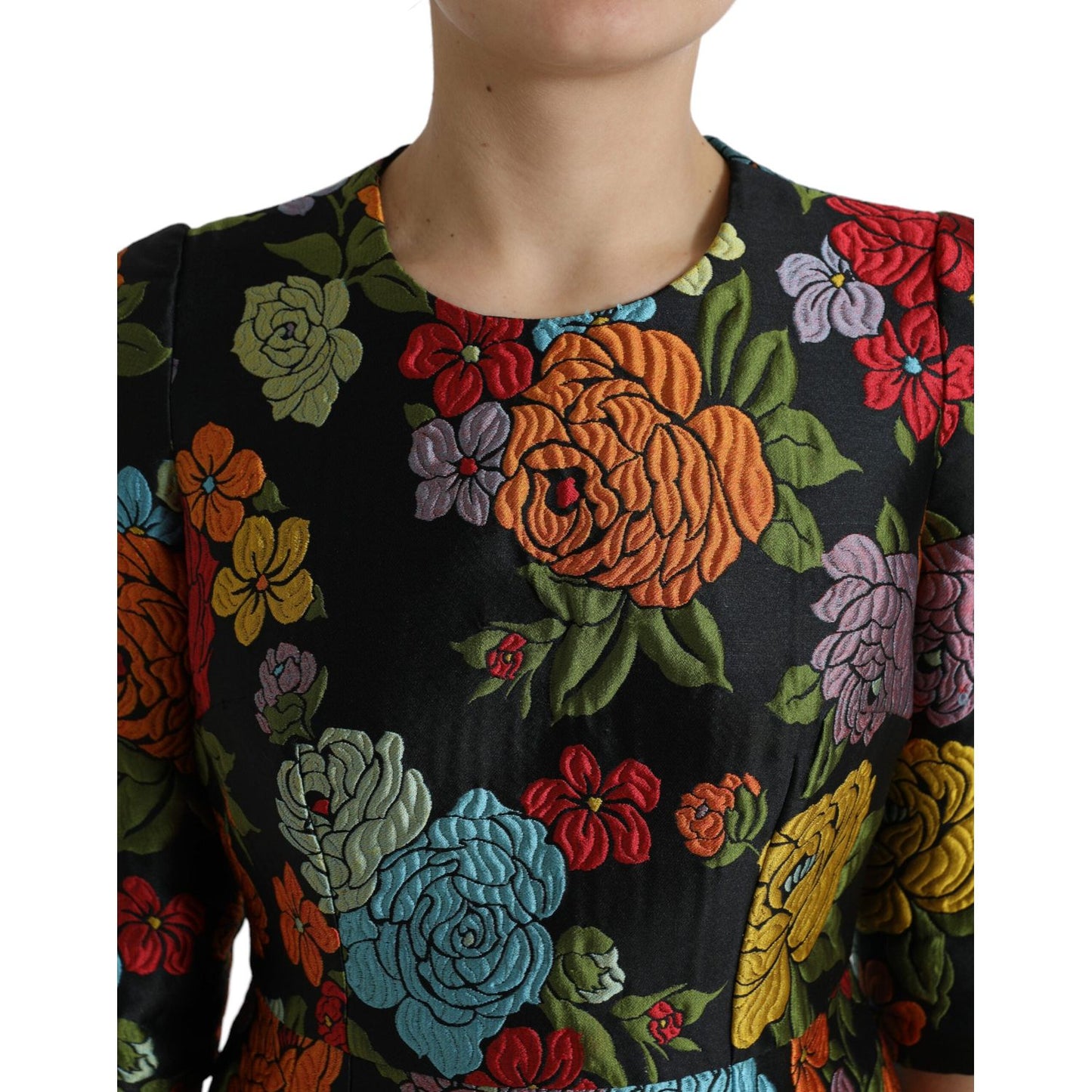 Dolce & Gabbana Black Floral Embroidery Knee Length Dress