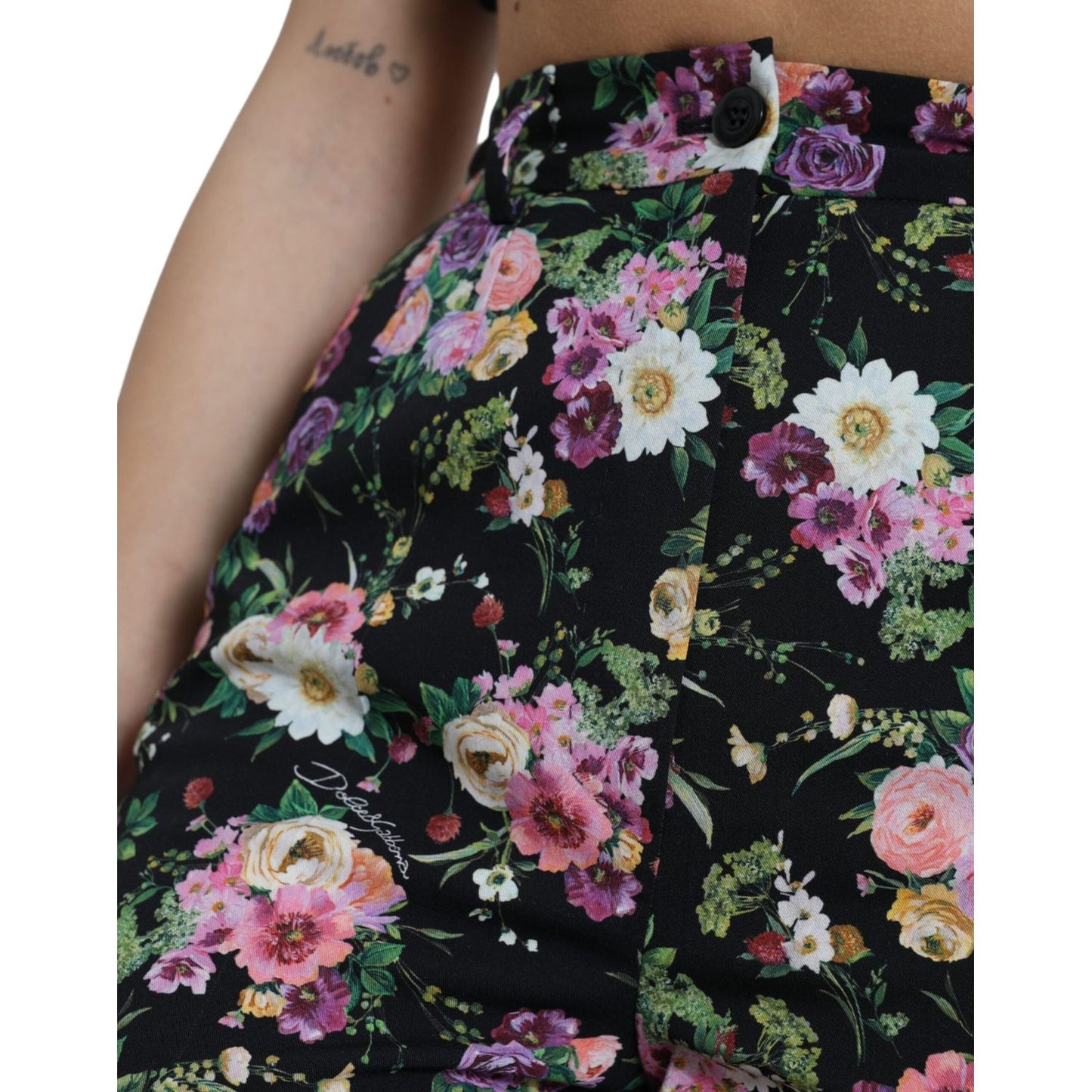 Dolce & Gabbana Black Floral Wool High Waist Wide Leg Pants