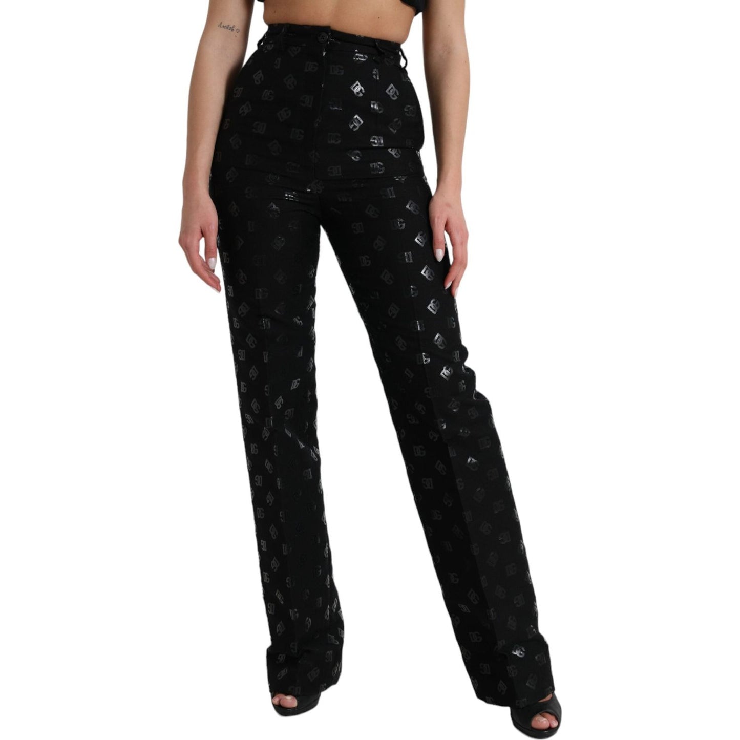 Dolce & Gabbana Black Wool DG Logo High Waist Straight Pants
