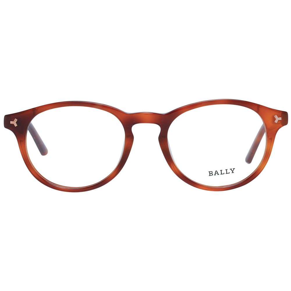 Bally Brown Unisex Glasses Frame in full-rim plastic, round style, with branded case, size 49-19-145, lens height 40, brown color.