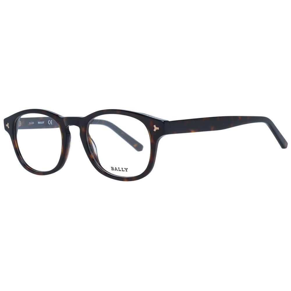 Bally Brown Men Glasses Frame, square full-rim design, plastic material, demo lenses, 50-20-145 size, stylish brown color.