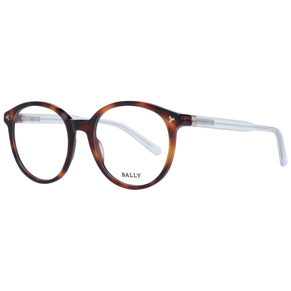 Bally Brown Women Glasses Frame in full-rim plastic, round style with demo lenses, size 52-18-140, includes branded case.
