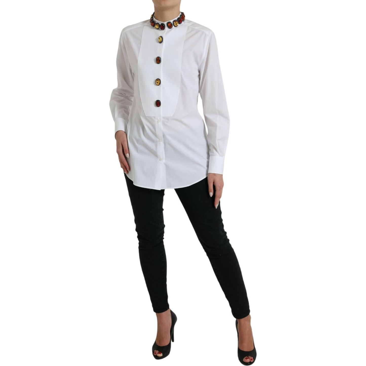 Dolce & Gabbana White Cotton Crystals Embellished Shirt Top