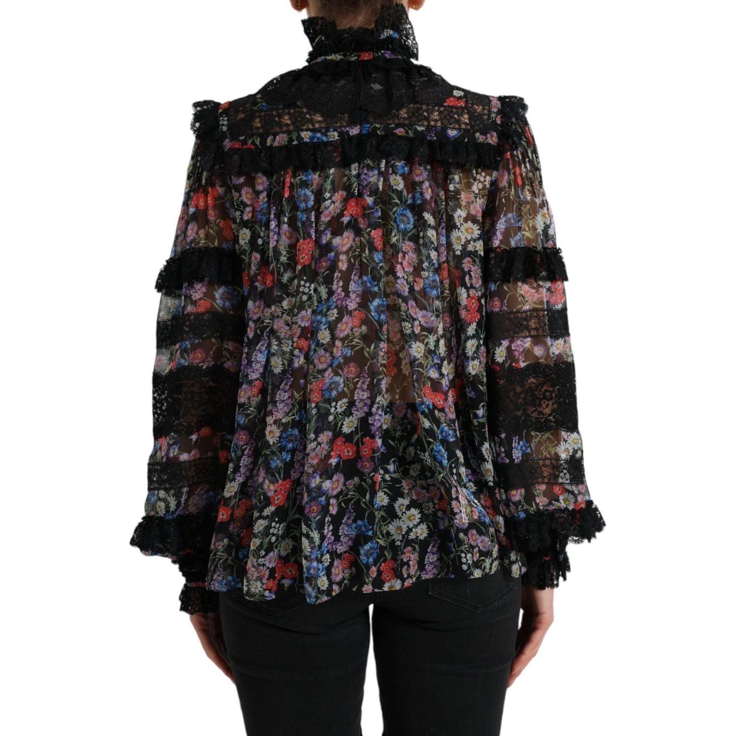 优雅花朵真丝上衣，带蕾丝花边